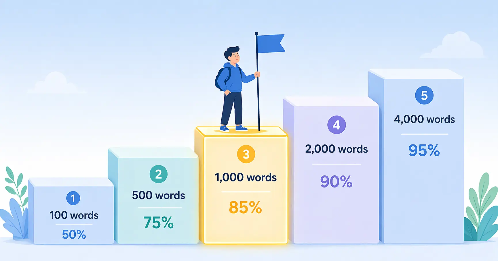Comprehension staircase: 100 words give 50%, 500 words give 75%, 1000 words give 85%, 2000 words give 90%, 4000 words give 95%