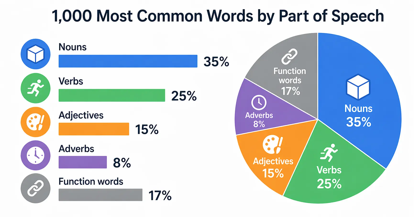 Breakdown of 1000 most common words by part of speech: nouns 35%, verbs 25%, adjectives 15%, adverbs 8%, function words 17%