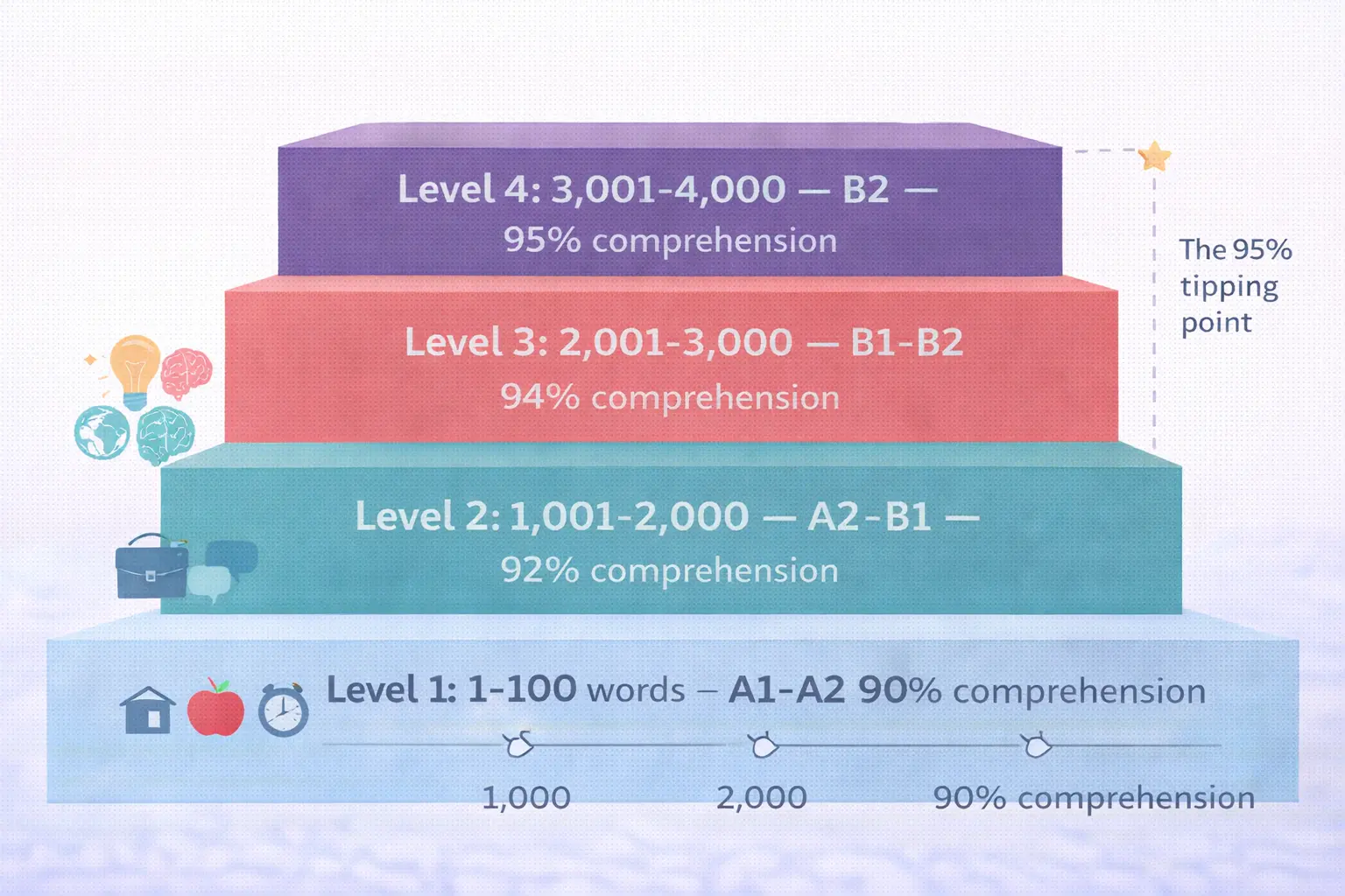 Лестница словарного запаса: четыре уровня от 1 000 до 4 000 слов с уровнями CEFR и процентами понимания