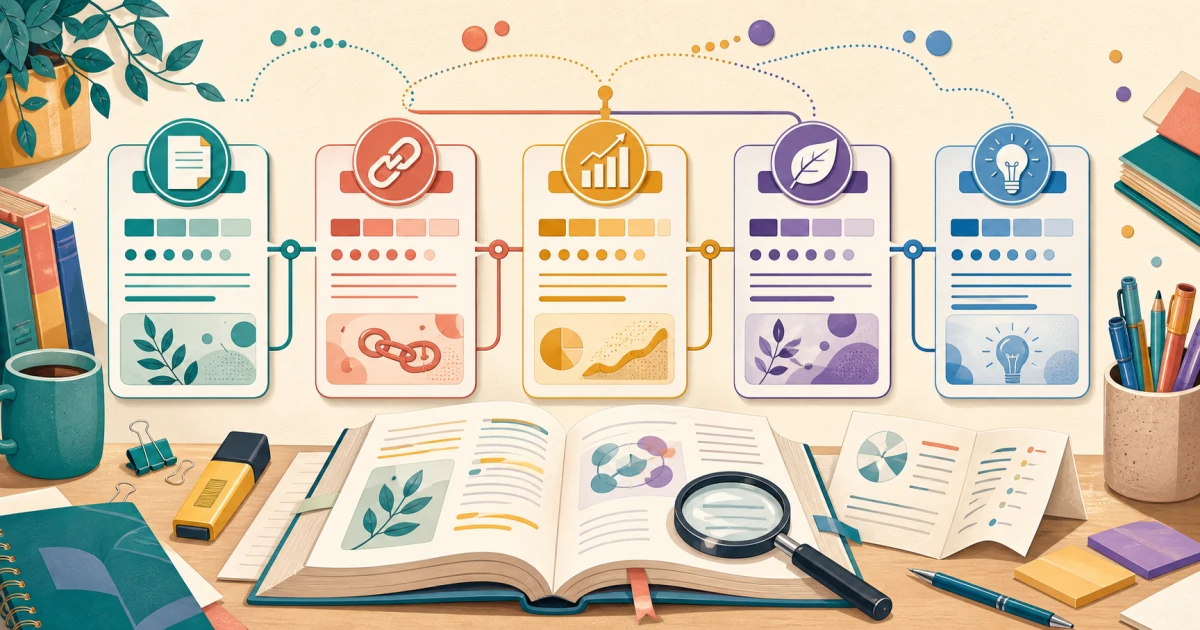 An academic vocabulary learning scene showing a research paper, a magnifying glass, word family cards, a chart, and connected study notes