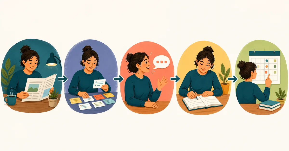 中上級の学習者が、読み、語族とコロケーションを集め、意見を話し、段落を書き、後で復習する学習ルーティン