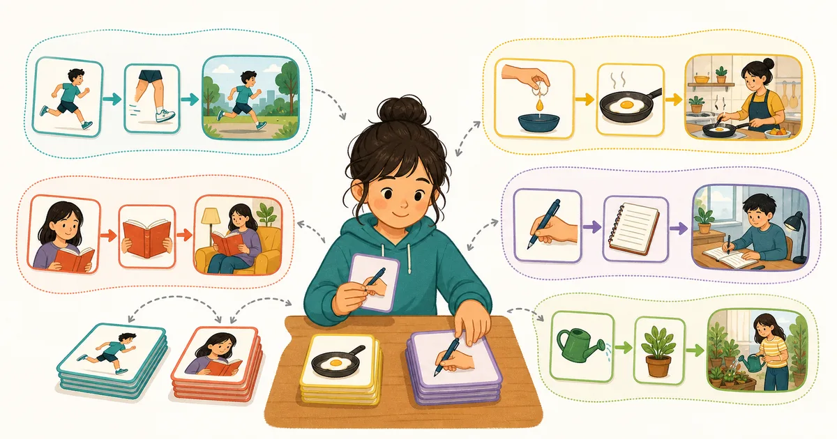 行動・物・日常の場面を表すカードがつながる、自然な英語の語の組み合わせの視覚マップ