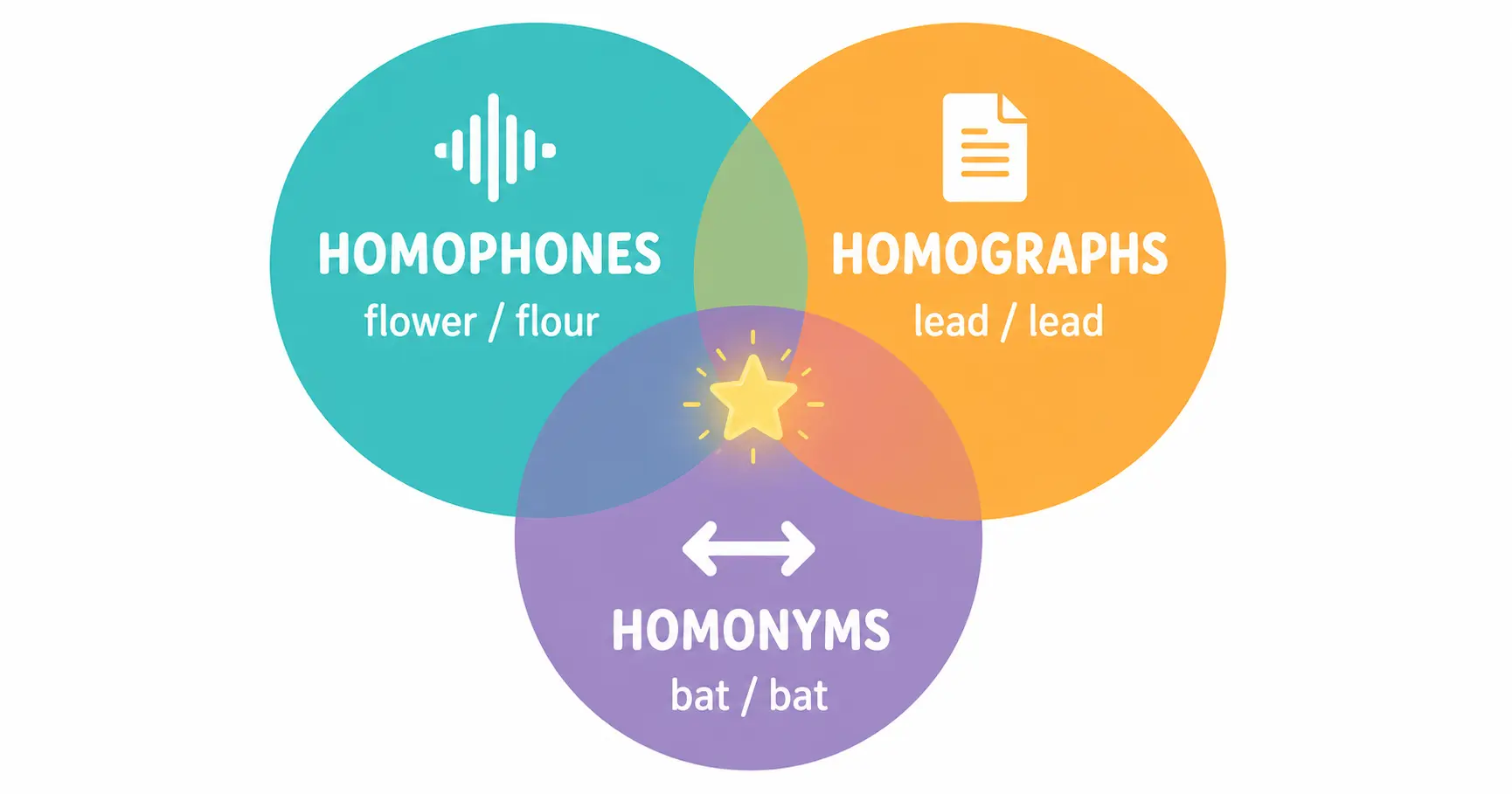 Venn diagram showing the relationship between homophones, homonyms, and homographs with examples