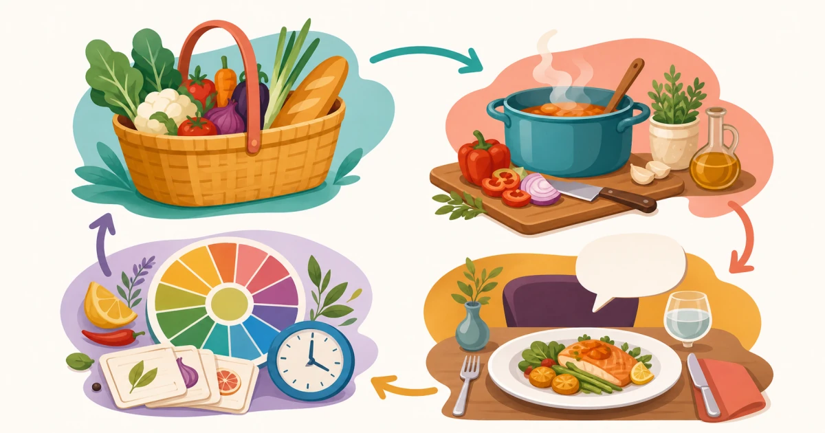 Практика лексики о еде: купить продукты, приготовить, вежливо заказать, описать вкус и повторить