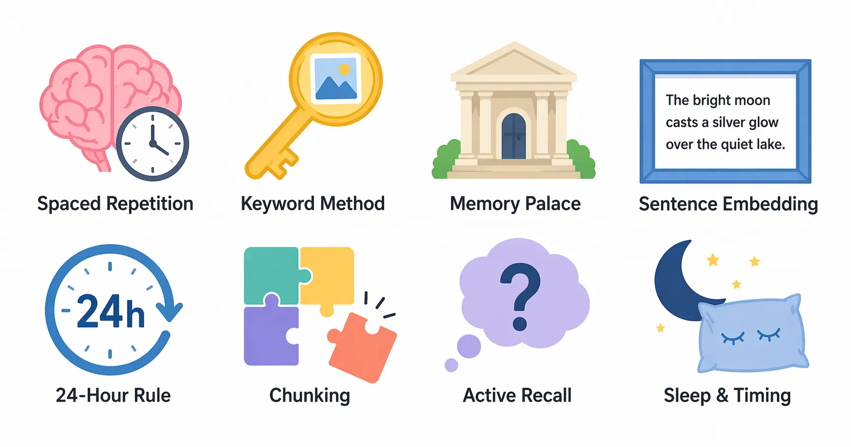 Eight memorization techniques: spaced repetition, keyword method, memory palace, sentence embedding, 24-hour rule, chunking, active recall, sleep and timing