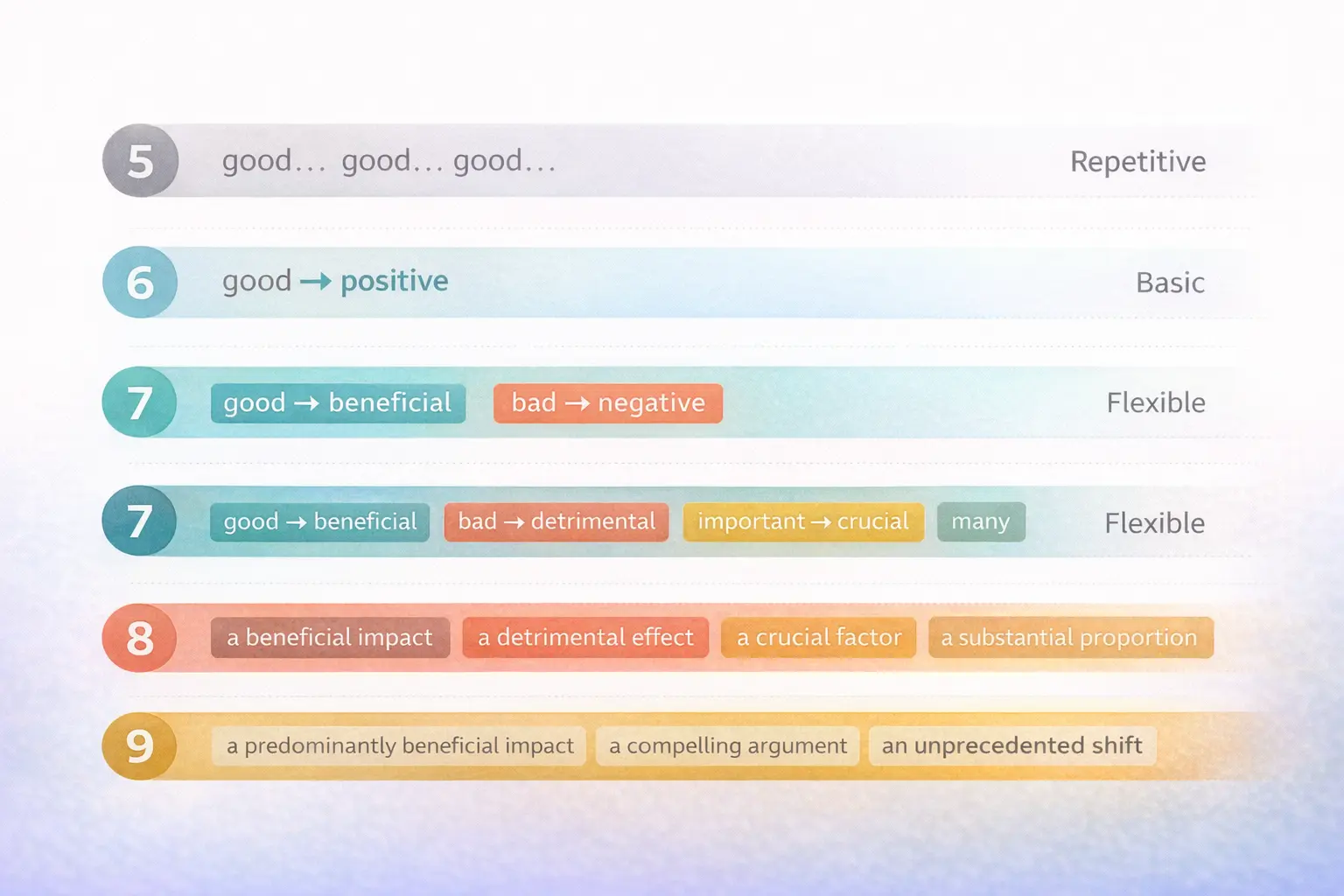 バンド5からバンド9への進歩 — 同義語の幅がIELTSのLexical Resourceスコアに与える影響