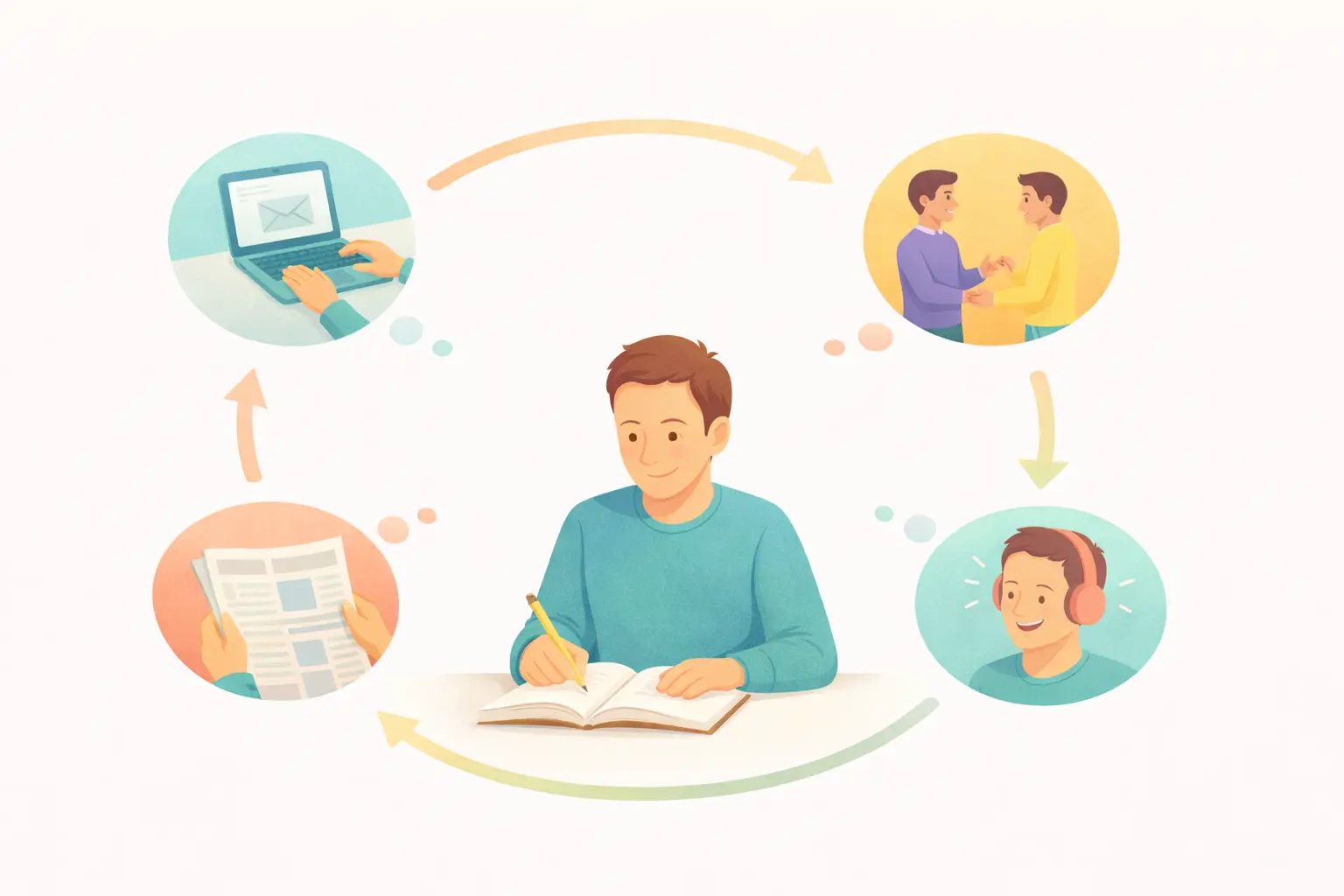 Practice cycle for phrasal verbs — writing, speaking, listening, reading